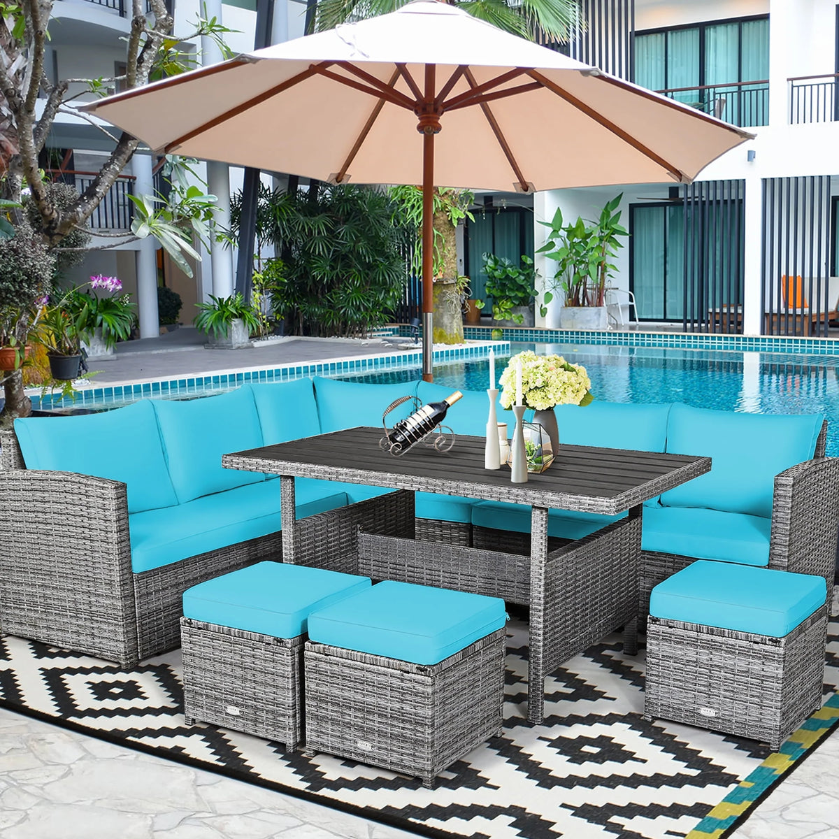 7 Pcs Patio Rattan Dining Set Sectional Sofa Couch Ottoman Black R835553