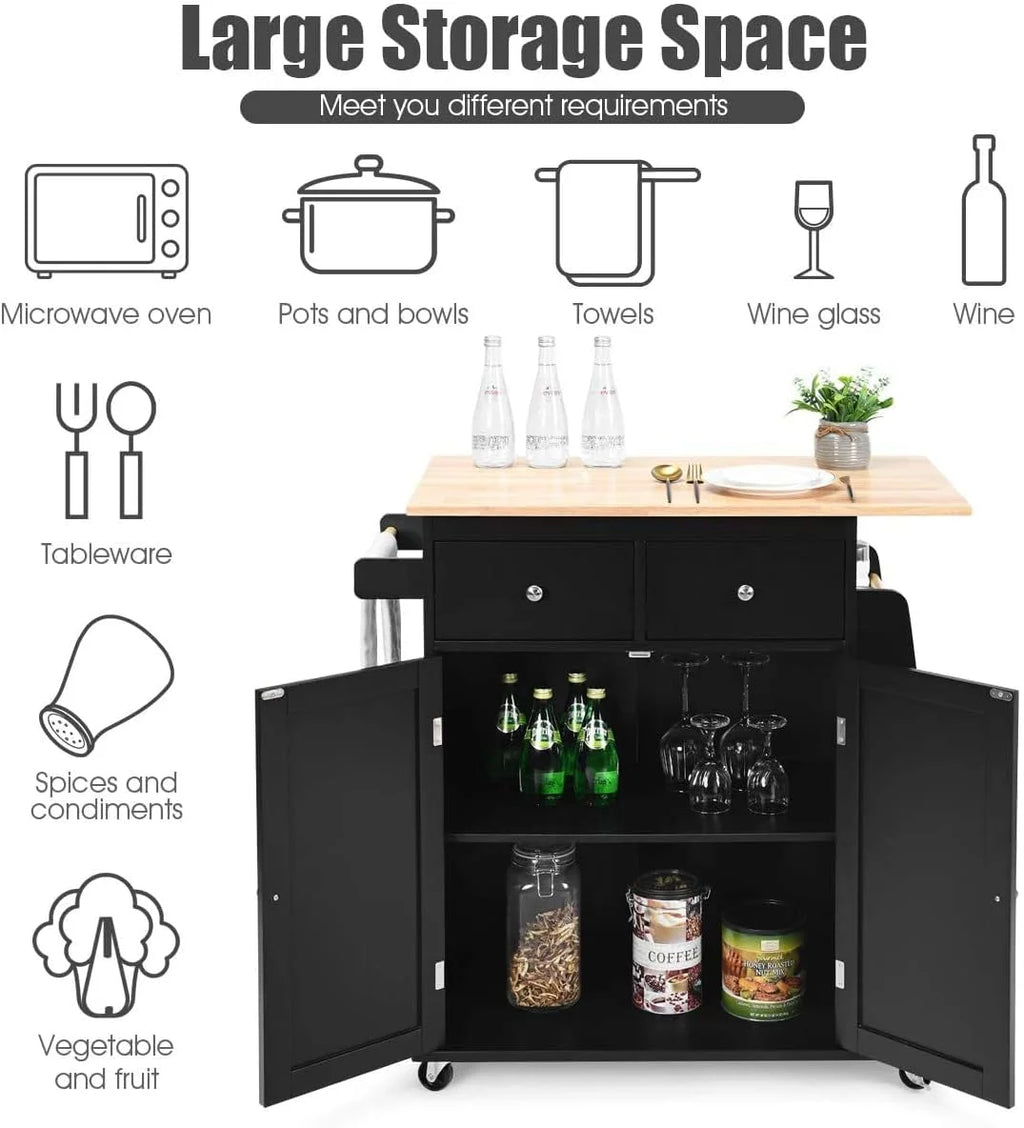 Black Wooden Kitchen Utility Cart with 2 Drawers I9661