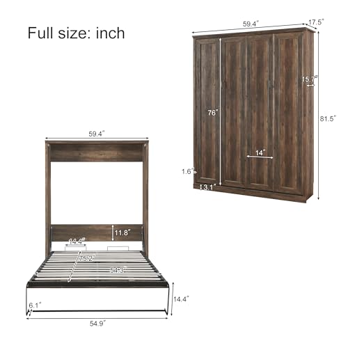 Full Size Brown Murphy Bed with Charging Station E393