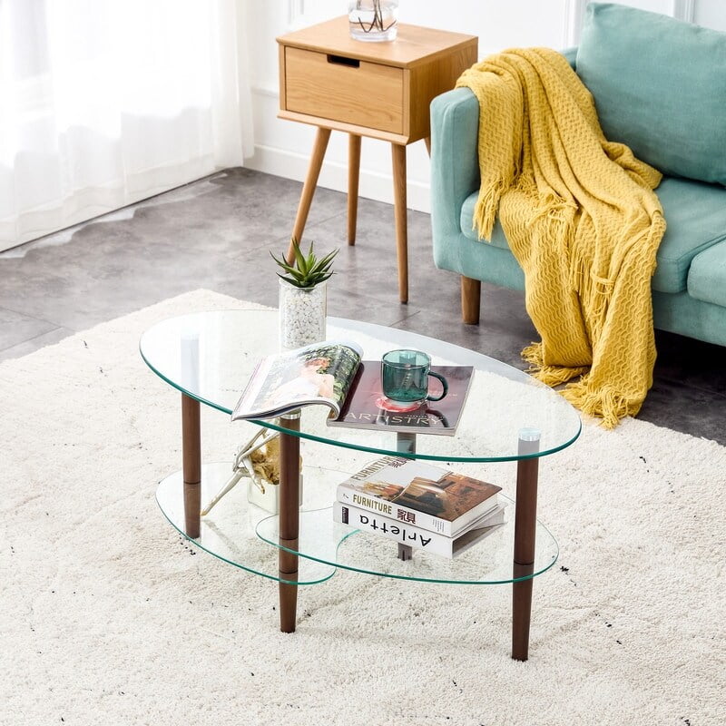 Oval 3-Tier Glass Coffee Table with Wood Leg X624240