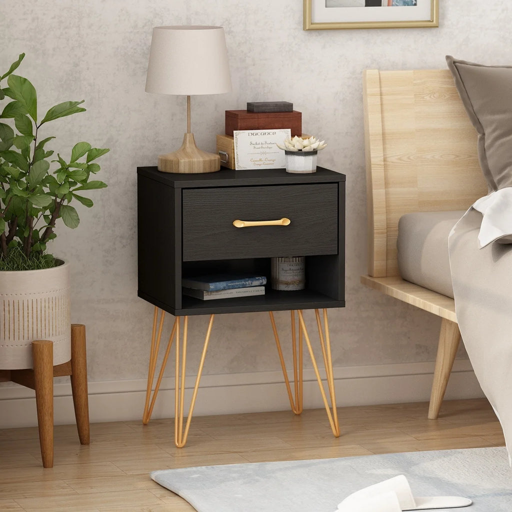 Black 1 Drawer Wood Nightstand with Metal Legs N272950