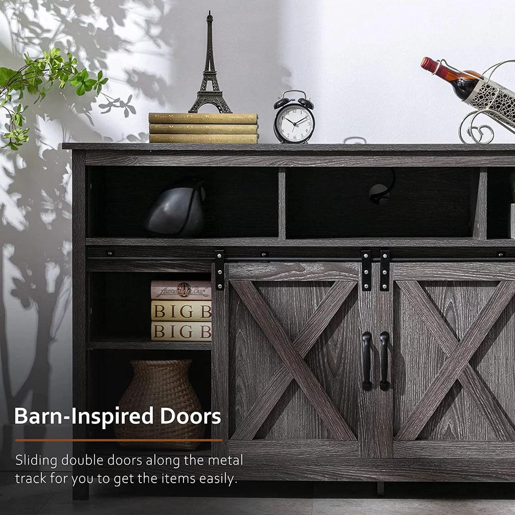 Farmhouse Barn Door TV Cabinet Media Console with Open Shelves White O9157