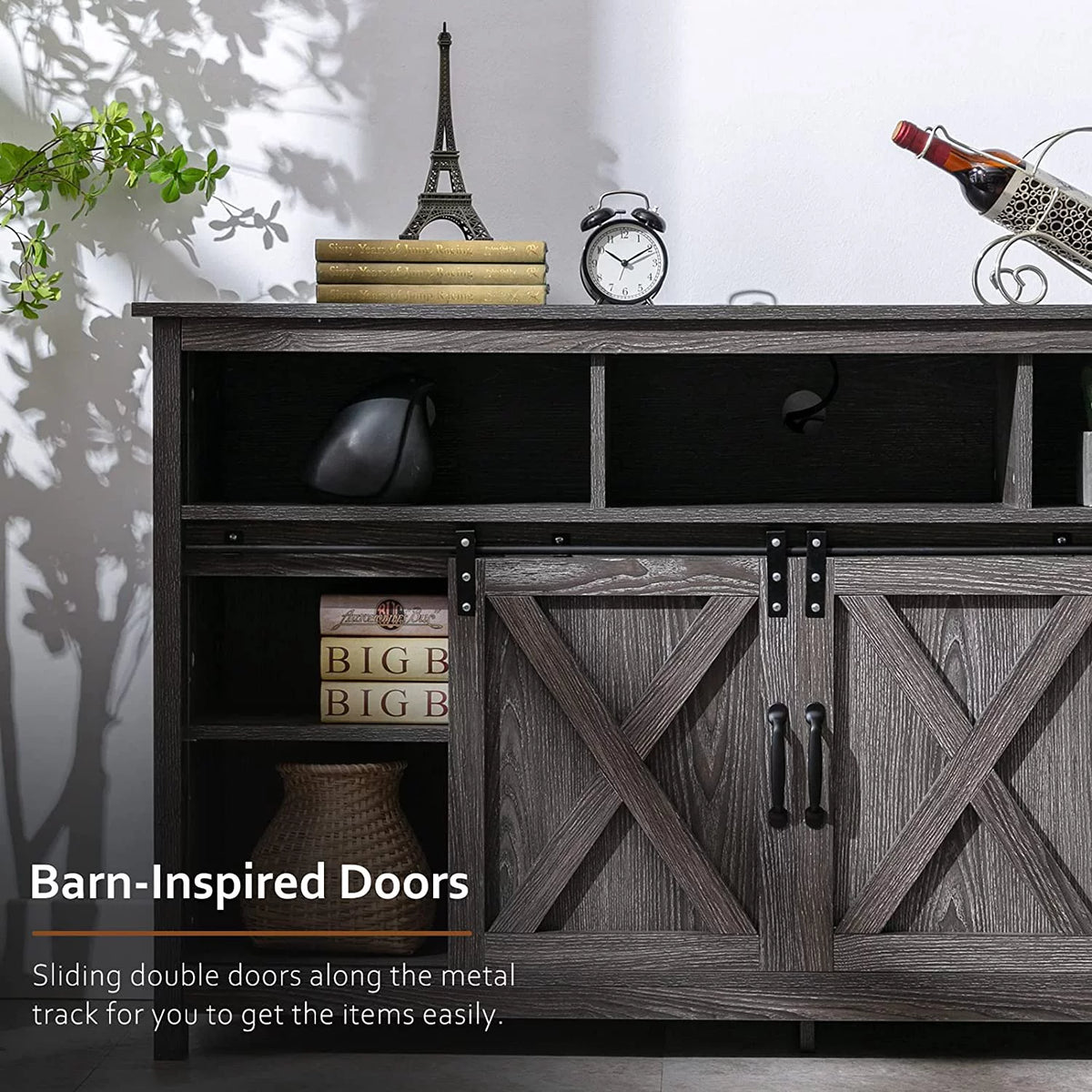 Farmhouse Barn Door TV Cabinet Media Console with Open Shelves White O9157
