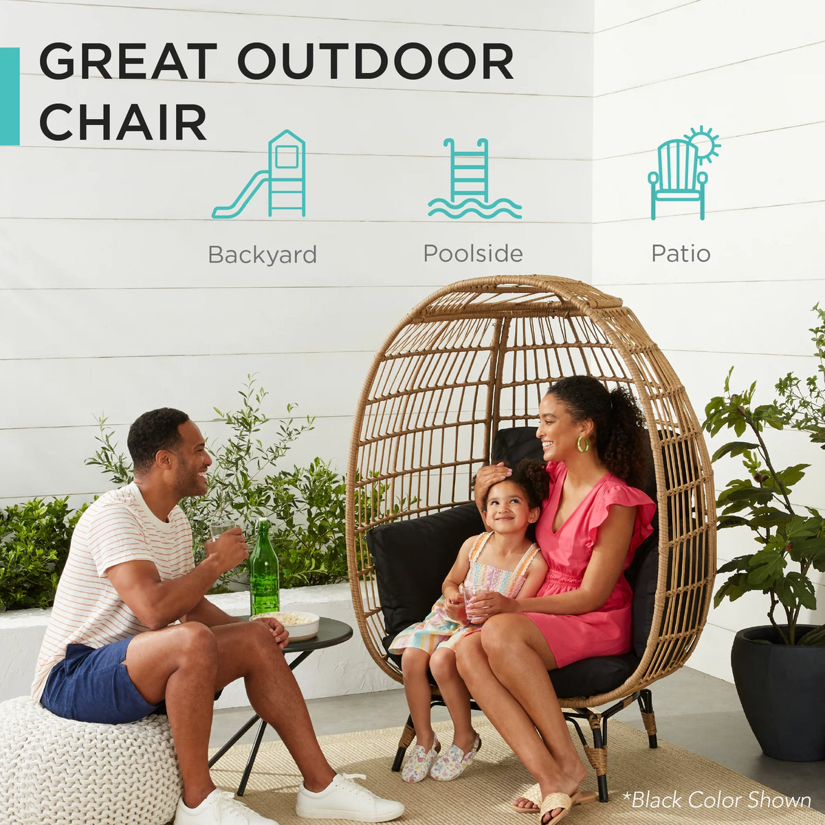 Oversized Black Wicker Egg Chair with Steel Frame K599552