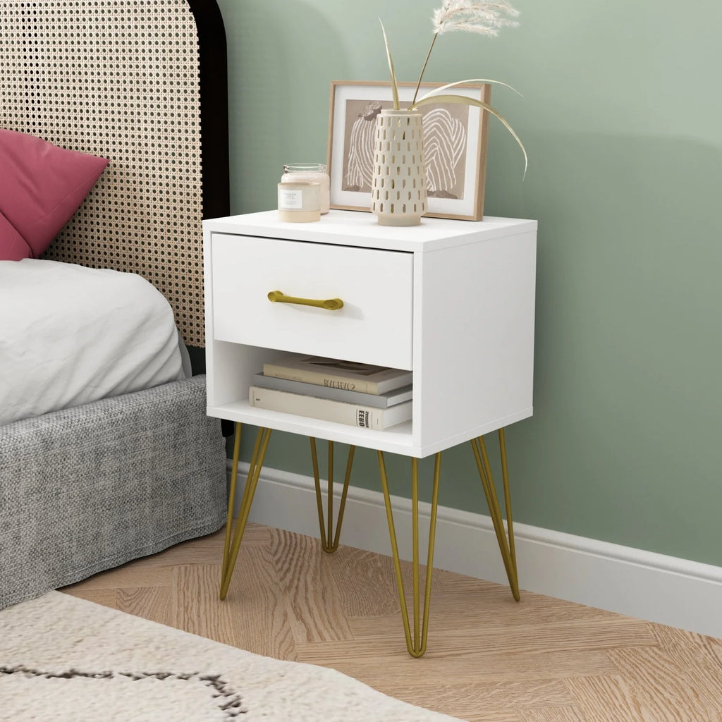 Black 1 Drawer Wood Nightstand with Metal Legs N272950