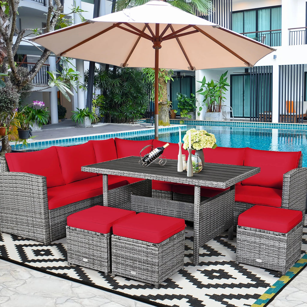 7 Pcs Patio Rattan Dining Set Sectional Sofa Couch Ottoman Black R835553