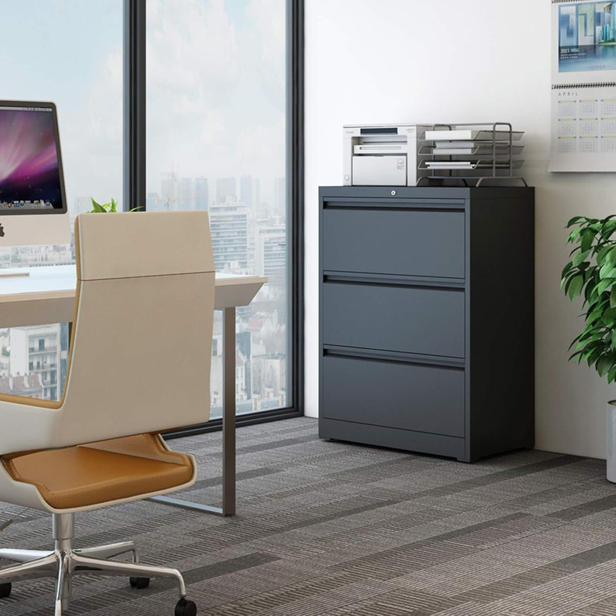 3 Drawer Black Metal Lateral File Cabinet with Lock J1775