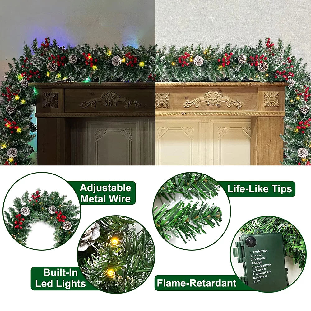 9ft Pre-Lit Christmas Garland with 50 LED Light and Pine Cones and Berries R740727