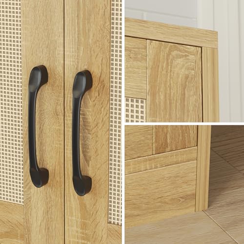 67" Tall Oak Rattan Storage Cabinet with Doors and Adjustable Shelves A70354