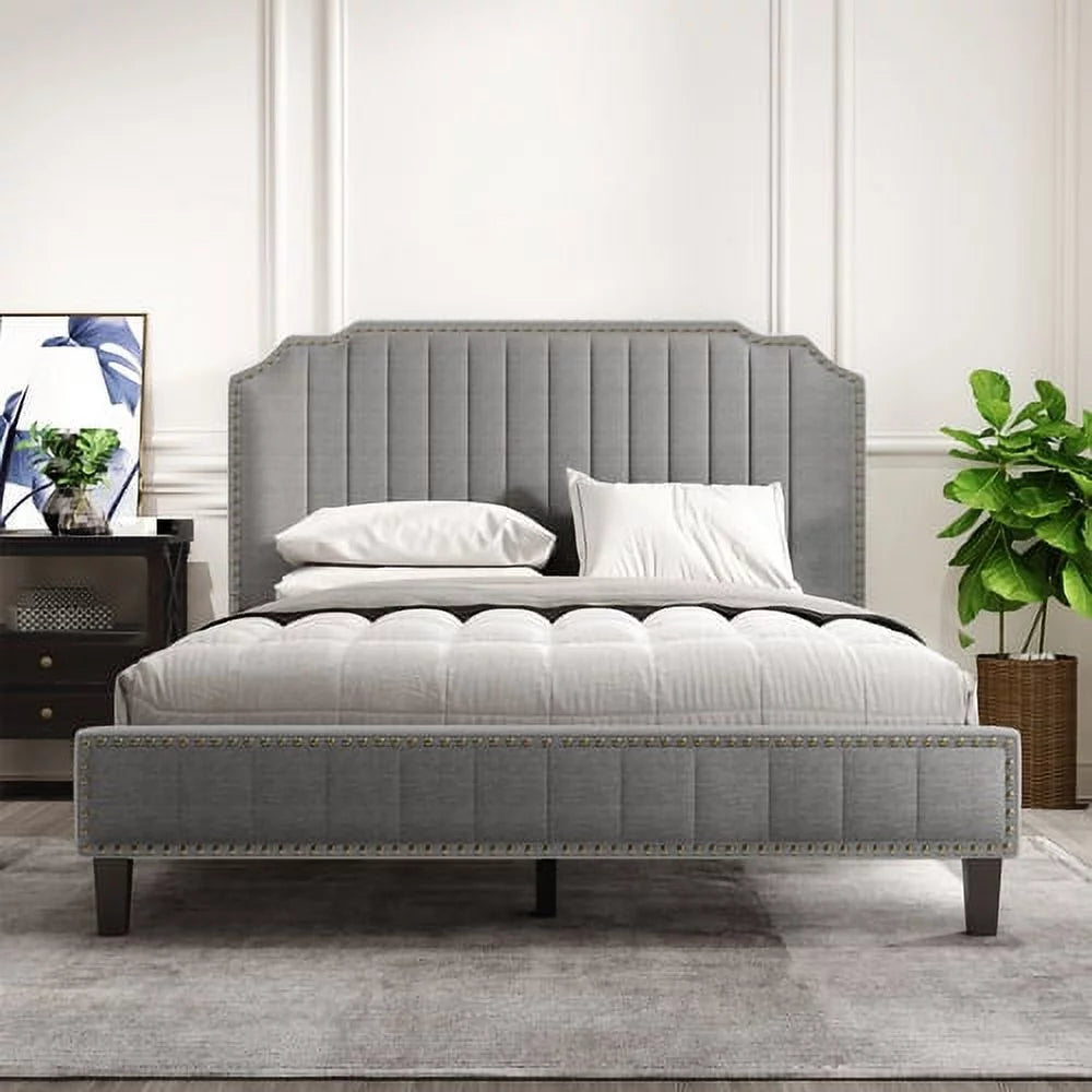 Queen Linen Upholstered Platform Bed with Headboard G879