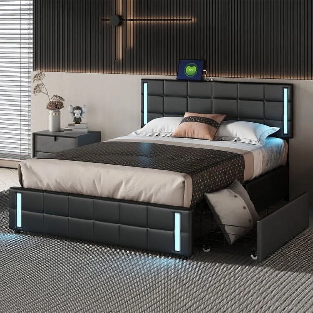 Queen Size Upholstered Platform Bed with LED Lights and USB Charging B769