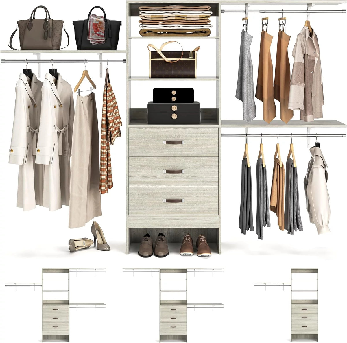 96 Inches White Oak Closet System with 3 Drawers C22789