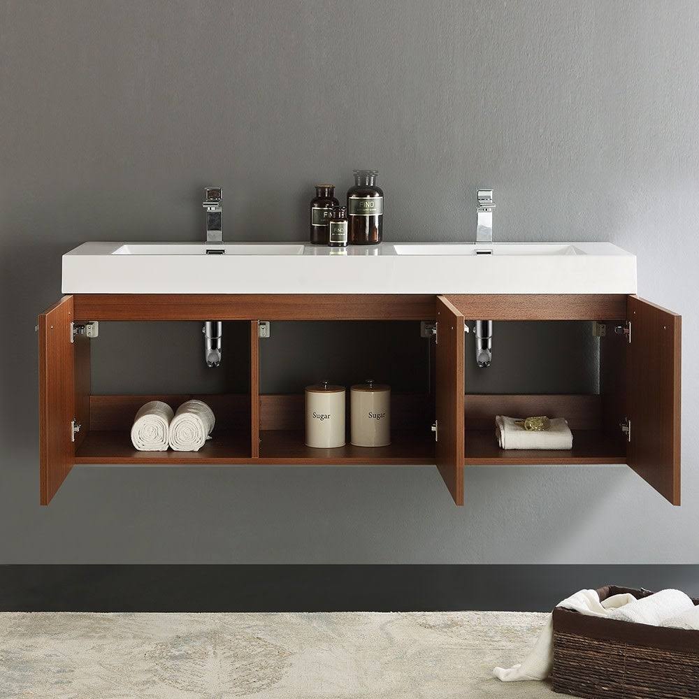 60 inch Walnut Wall Hung Double Sink Bathroom Cabinet V3508