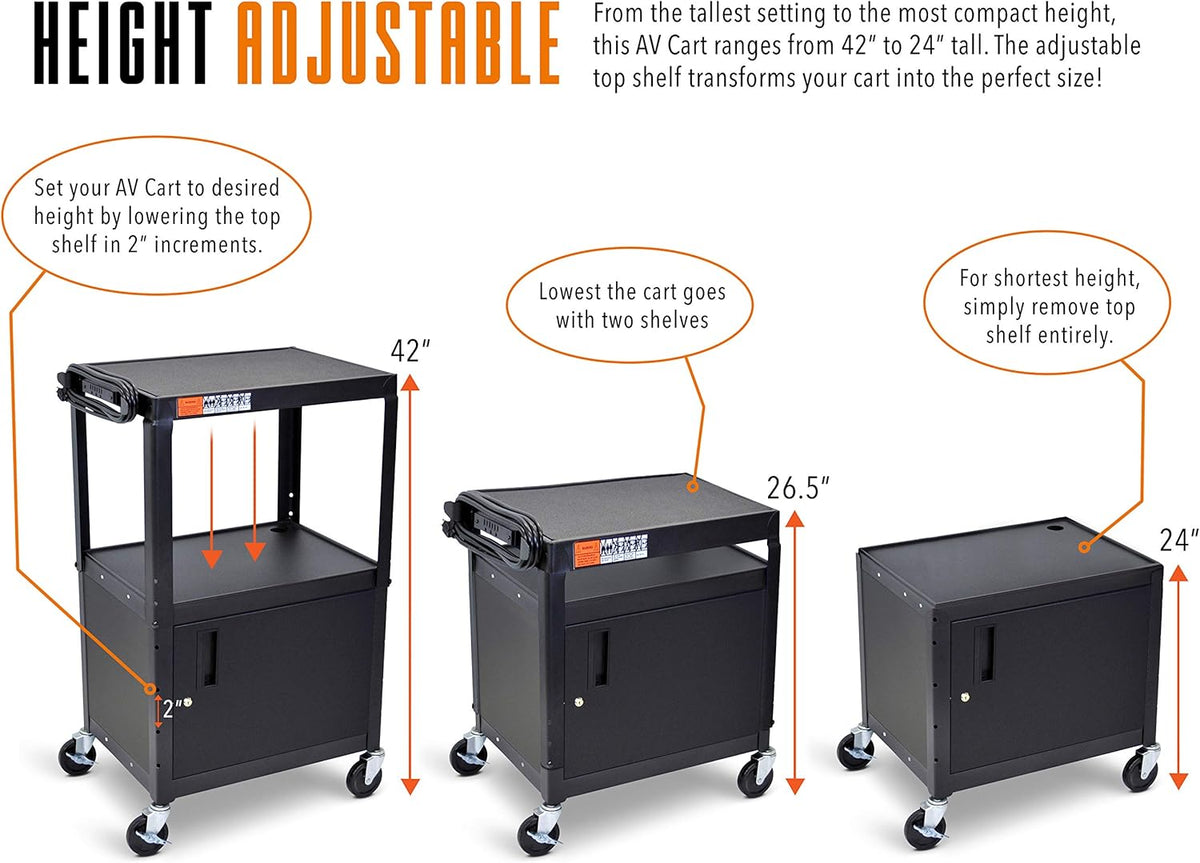 Black Height Adjustable AV Cart with Locking Cabinet X572