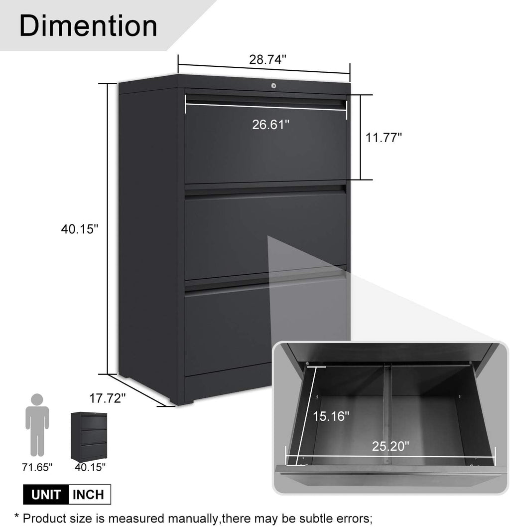 3 Drawer Black Metal Lateral File Cabinet with Lock J1775