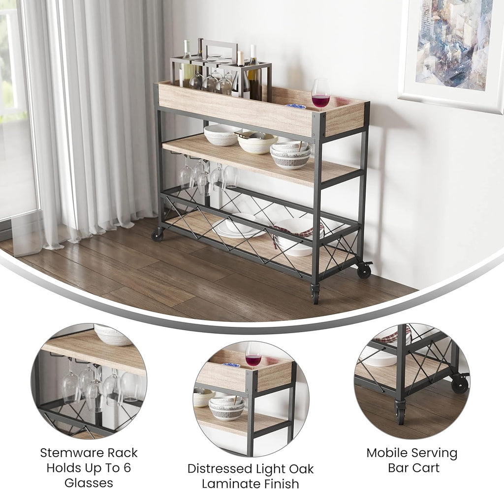 Distressed Wood Kitchen Bar Cart with Storage Rack and Shelf C4015