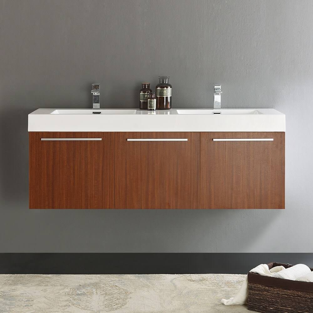 60 inch Walnut Wall Hung Double Sink Bathroom Cabinet V3508