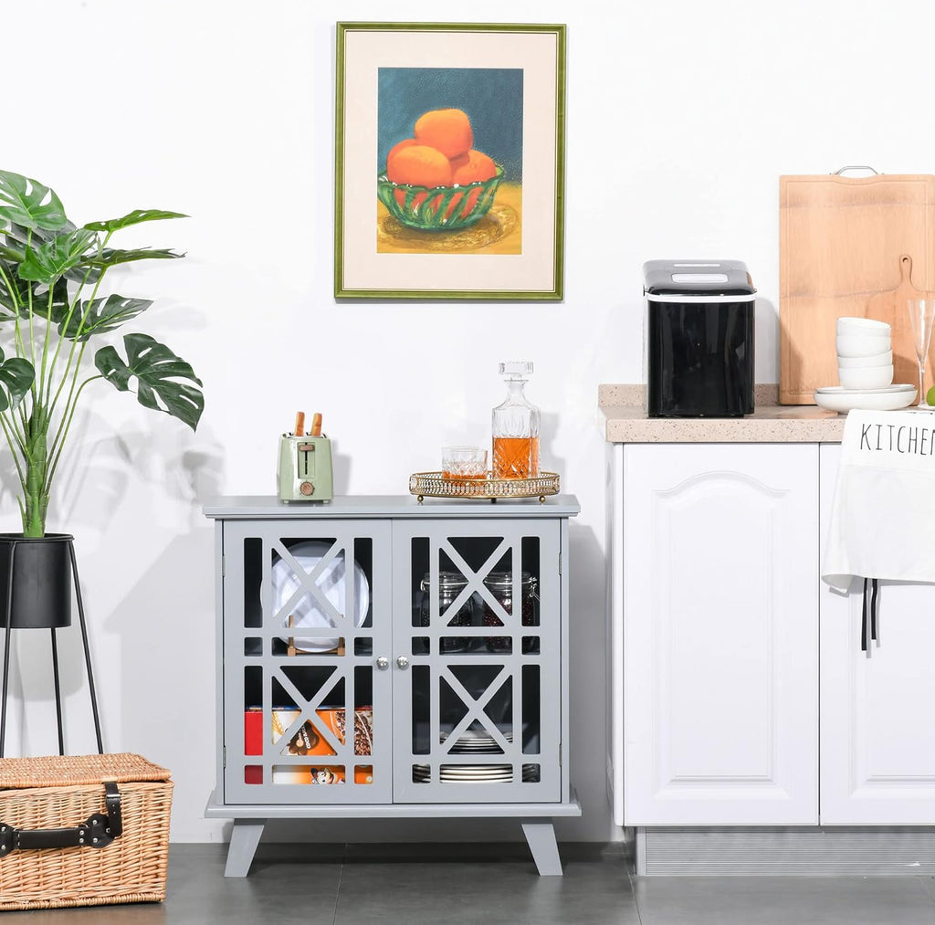 Grey Wood Storage Cabinet with Fretwork Doors C27912