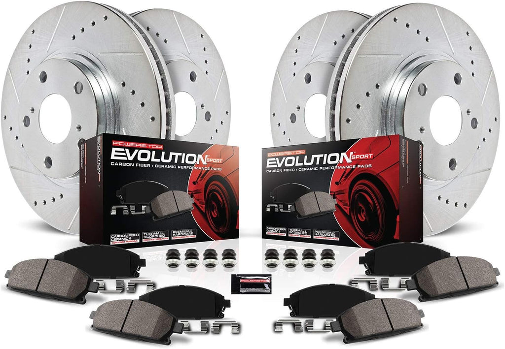 Front and Rear Carbon Fiber Brake Pads with Drilled & Slotted Brake Rotors Kit Z498