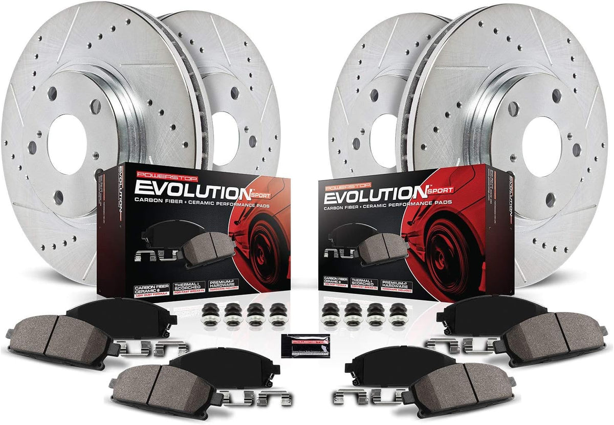 Front and Rear Carbon Fiber Brake Pads with Drilled & Slotted Brake Rotors Kit Z498