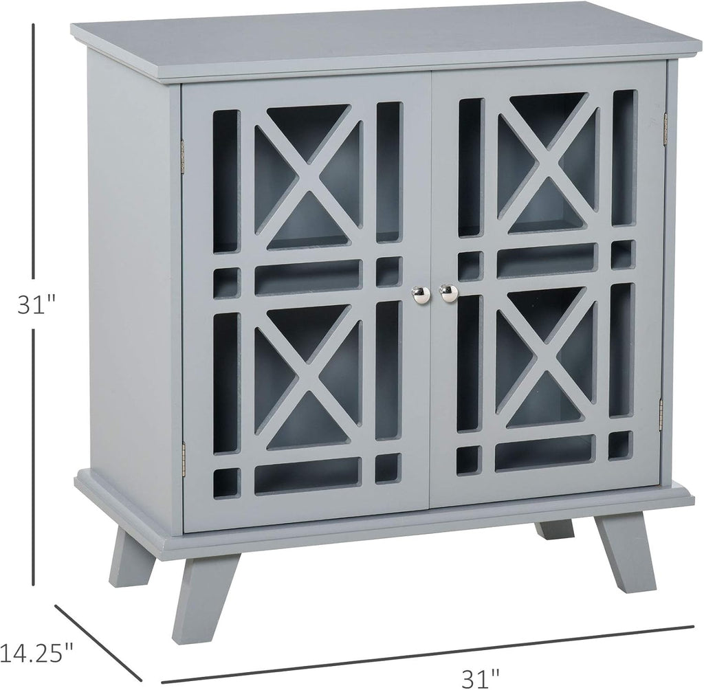 Grey Wood Storage Cabinet with Fretwork Doors C27912