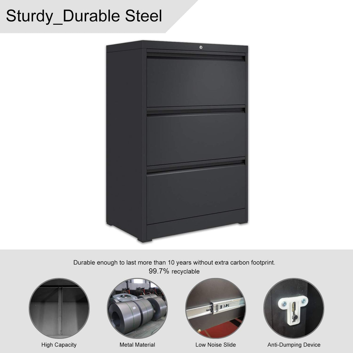 3 Drawer Black Metal Lateral File Cabinet with Lock J1775