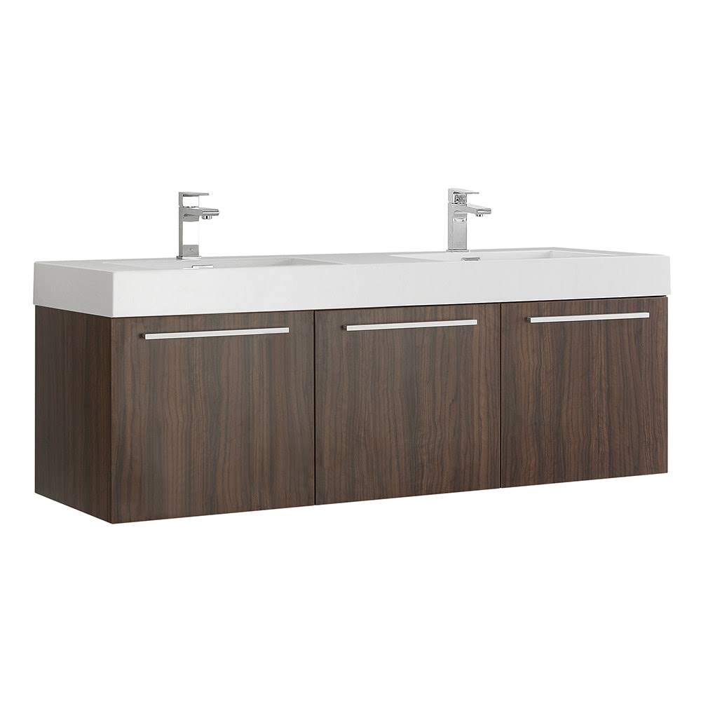 60 inch Walnut Wall Hung Double Sink Bathroom Cabinet V3508