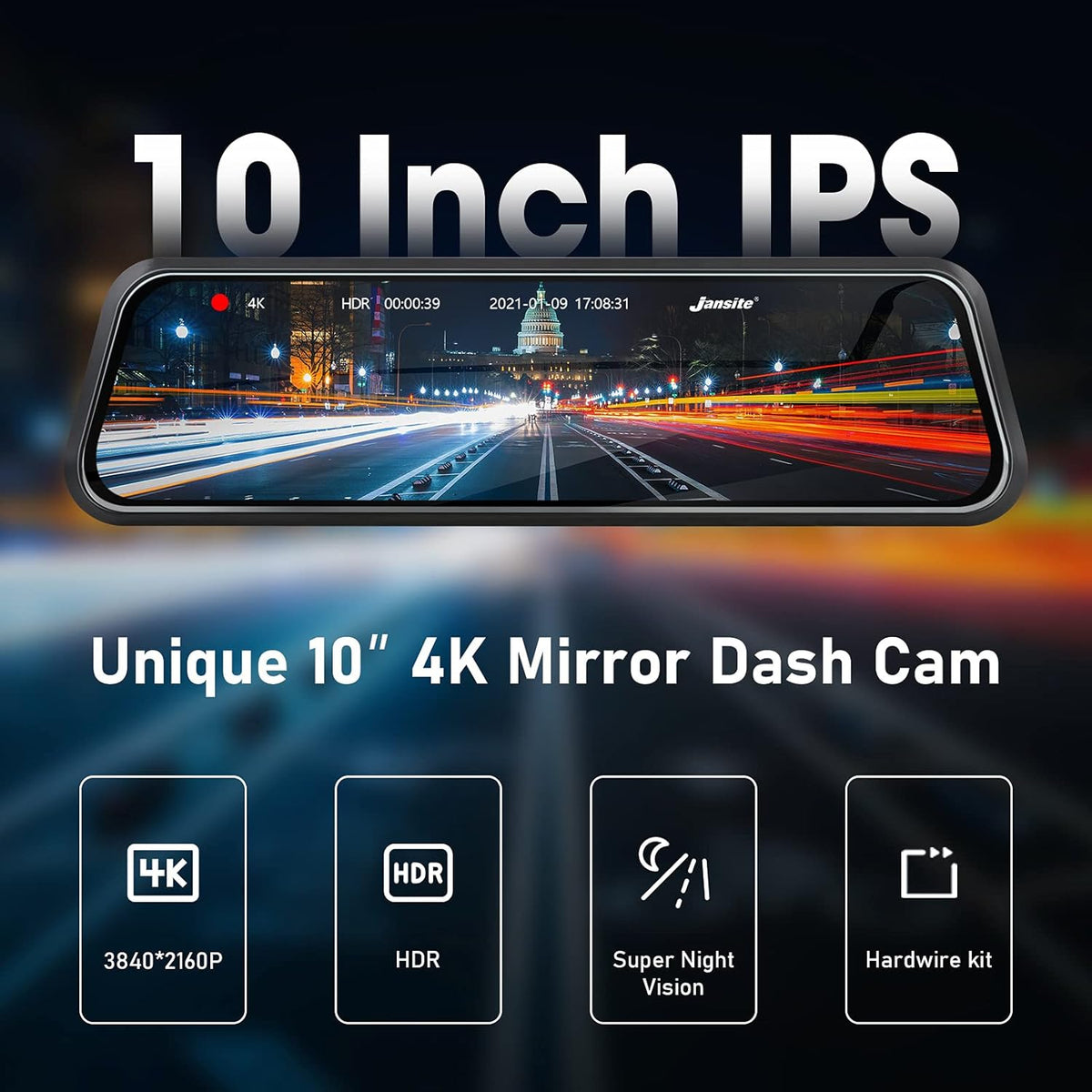 4K Mirror Dash Cam Front and Rear with Hardwire Kit L9540