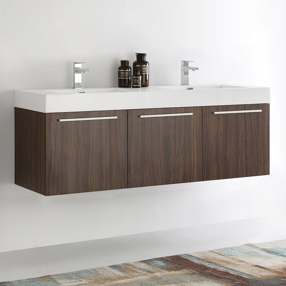 60 inch Walnut Wall Hung Double Sink Bathroom Cabinet V3508