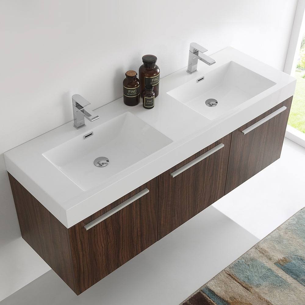 60 inch Walnut Wall Hung Double Sink Bathroom Cabinet V3508