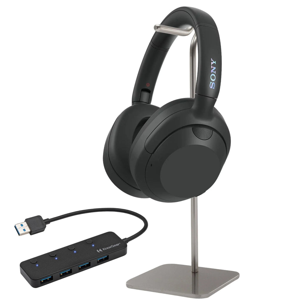 Black Noise Cancelling Headphones with USB Hub and Headphone Stand W6896