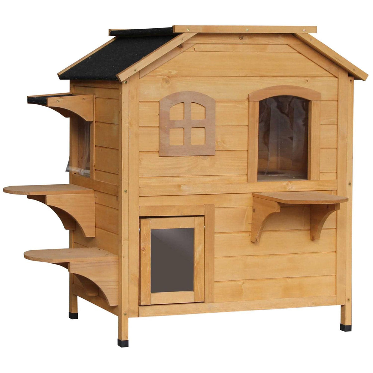 Wooden 2-Story Outdoor Cat House with Escape Door C520