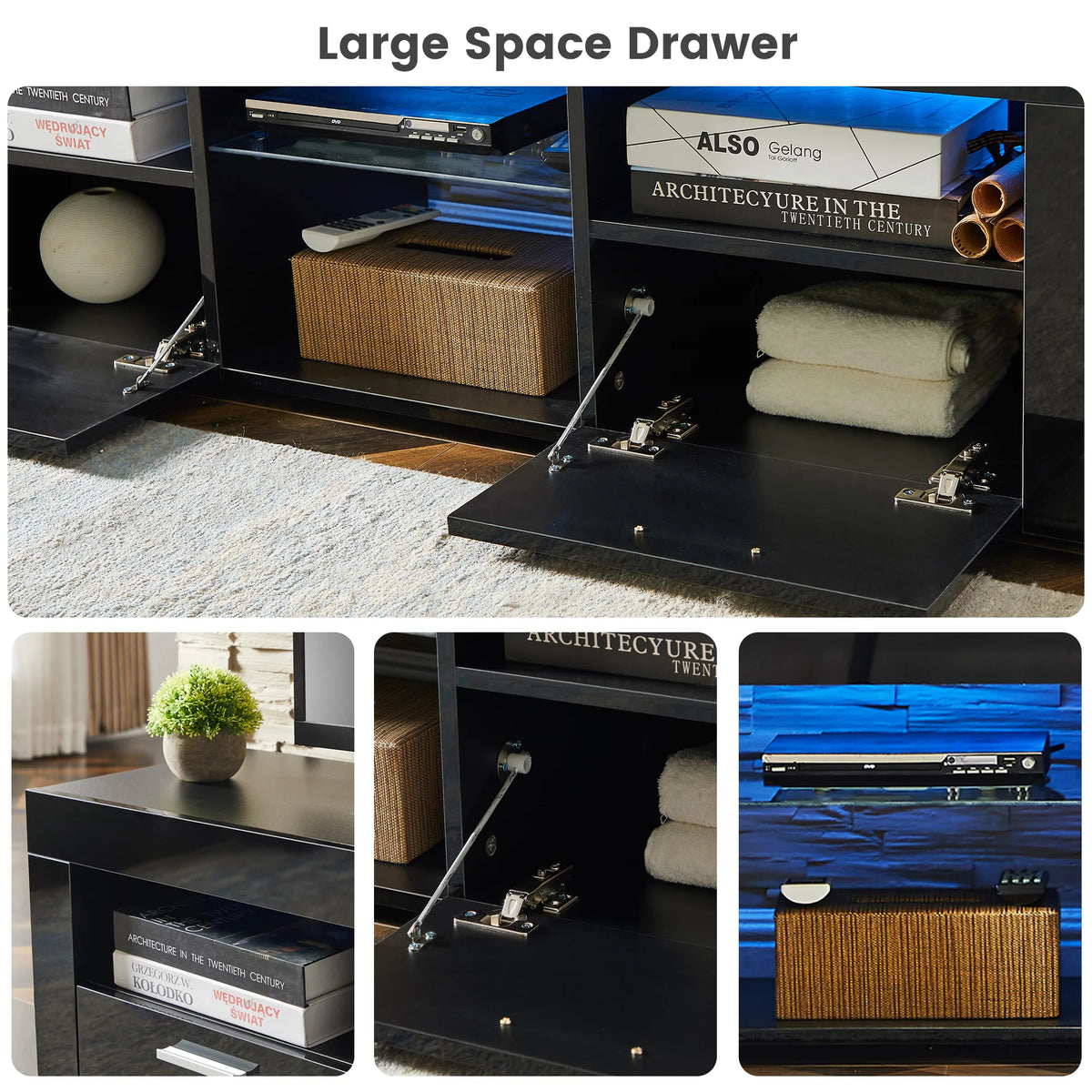 Black High Glossy TV Stand with LED Lights and Storage Shelves J88039