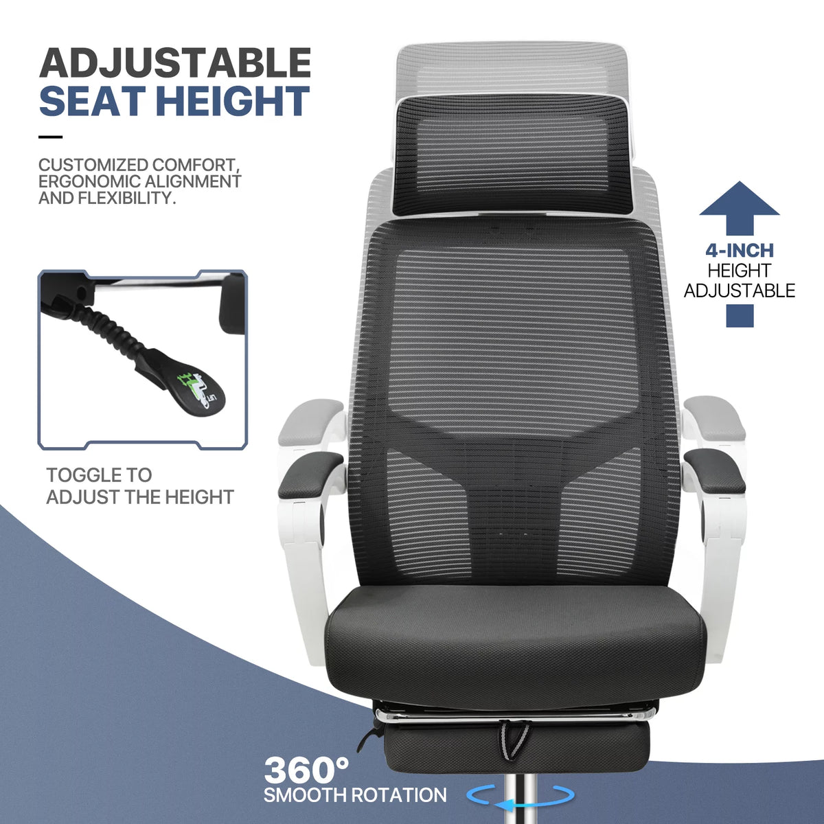 Black Ergonomic High Back Mesh Office Chair with Headrest & Footrest Y412936