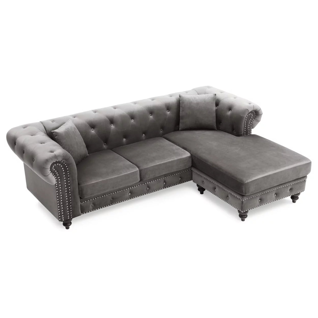 Dark Gray Velvet L-Shape 3-Seater Sofa with 2-Throw Pillow R74368