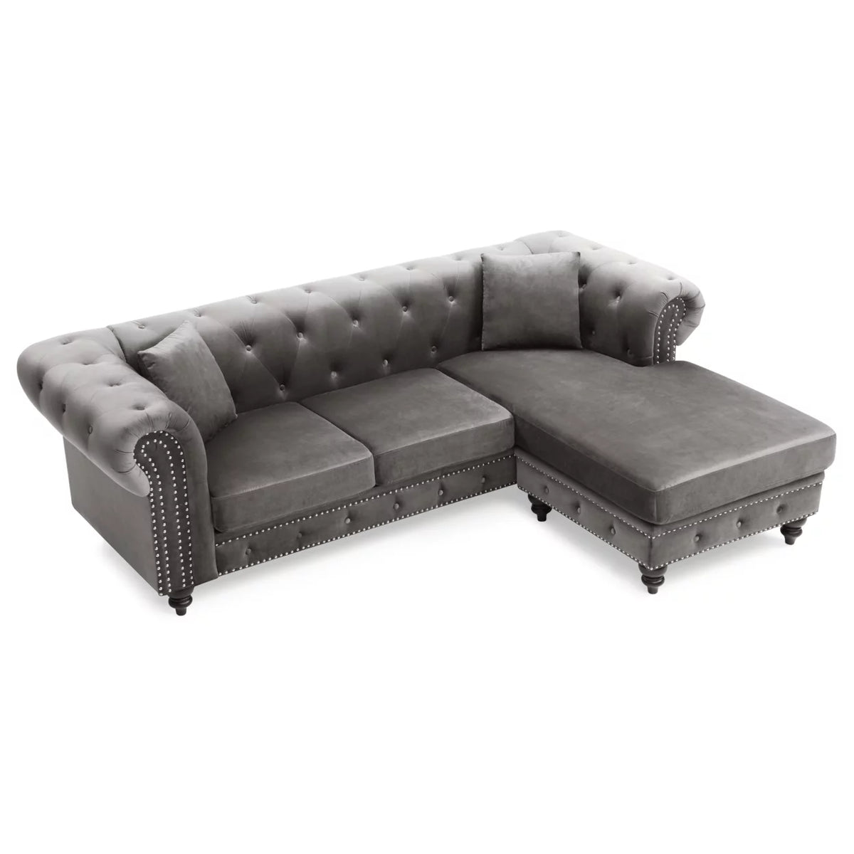 Dark Gray Velvet L-Shape 3-Seater Sofa with 2-Throw Pillow R74368