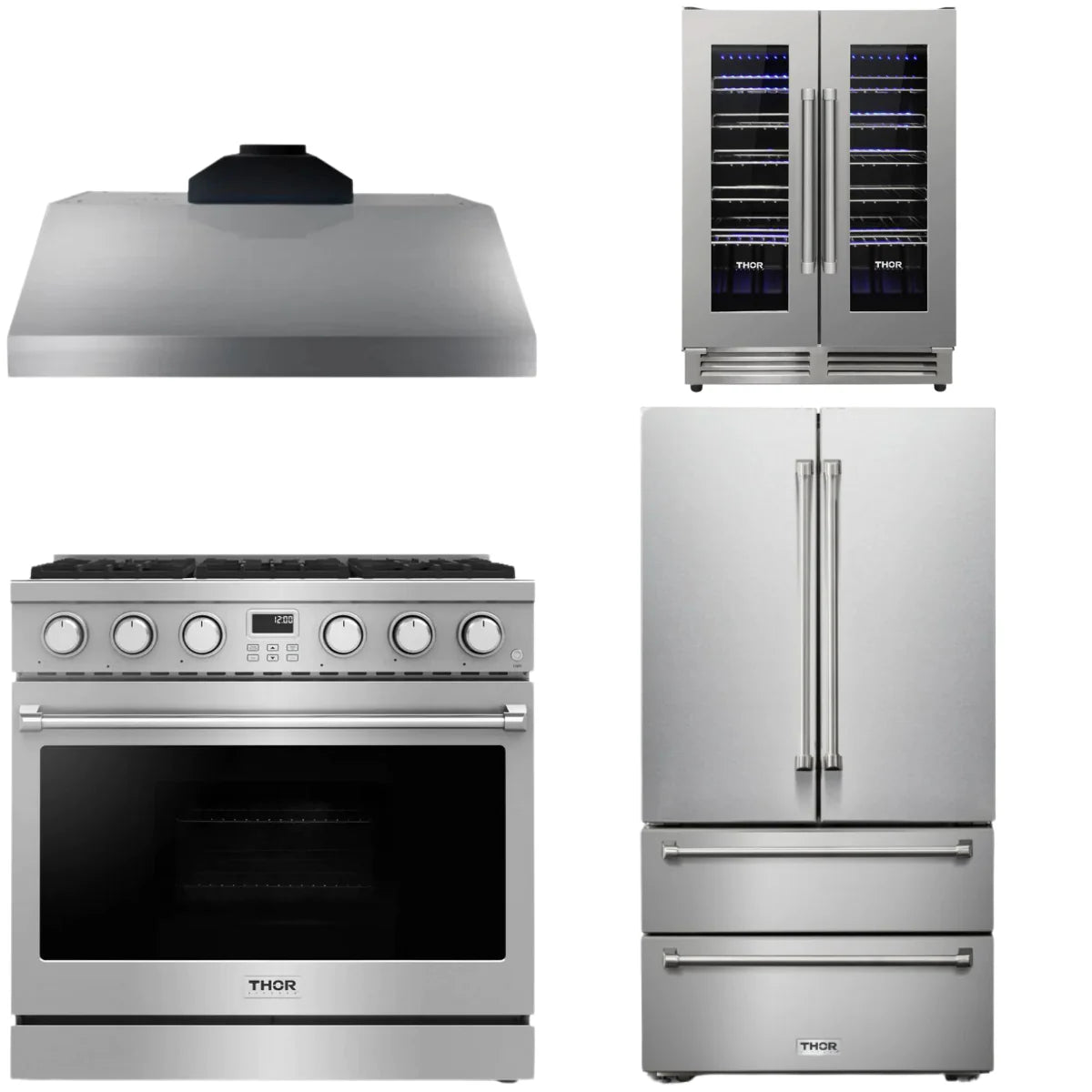 36 Gas Range, Range Hood, Refrigerator and Wine Cooler A588
