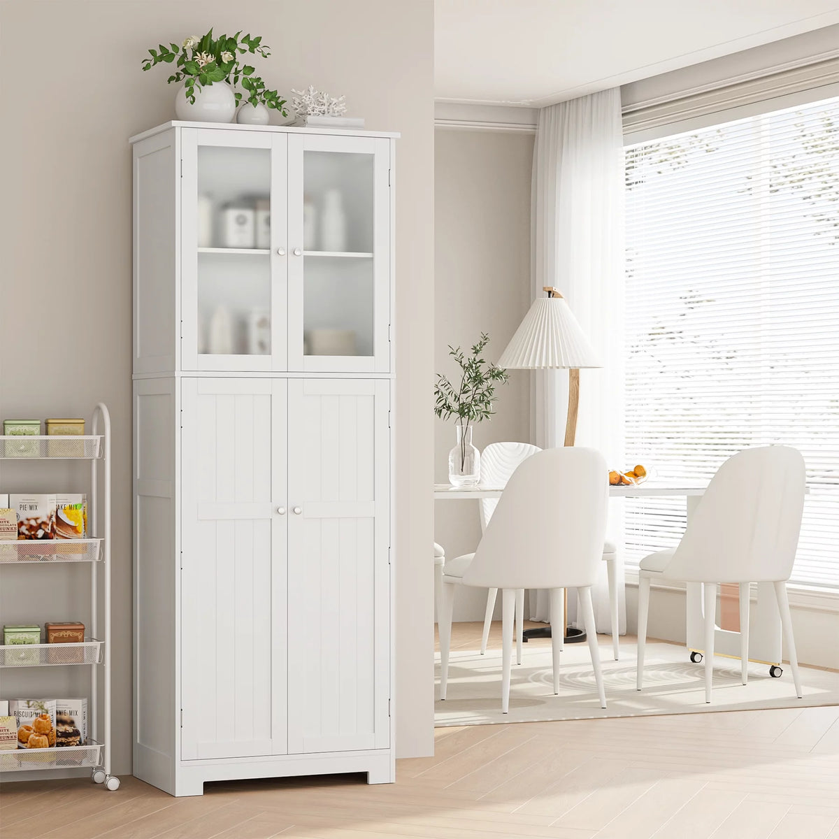 White Frosted Glass Kitchen Pantry Cabinet D8806