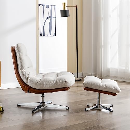 Cream Linen Swivel Accent Chair with Ottoman Q4315