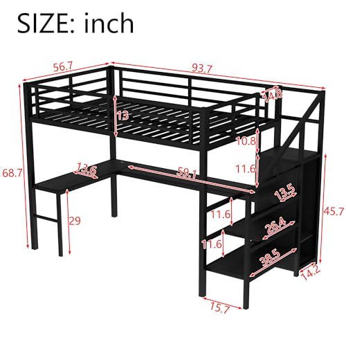 Black Full Loft Bed with L-shaped Desk, USB, Wardrobe & Stairs Z8500