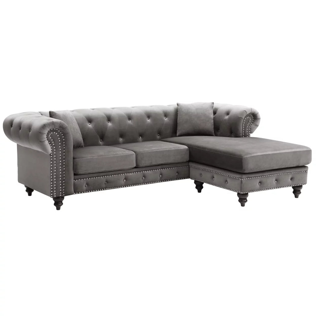 Dark Gray Velvet L-Shape 3-Seater Sofa with 2-Throw Pillow R74368