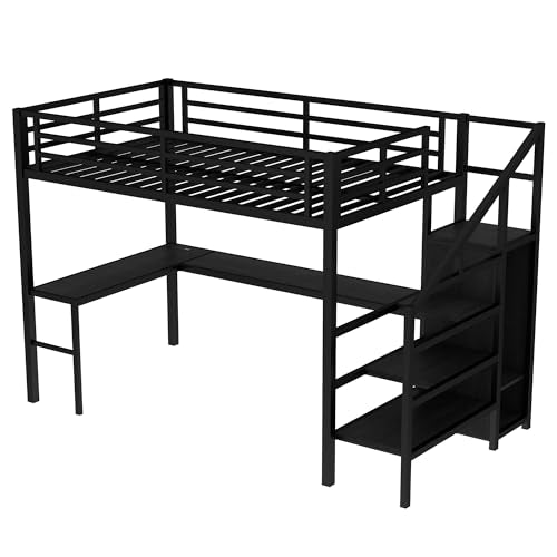 Black Full Loft Bed with L-shaped Desk, USB, Wardrobe & Stairs Z8500
