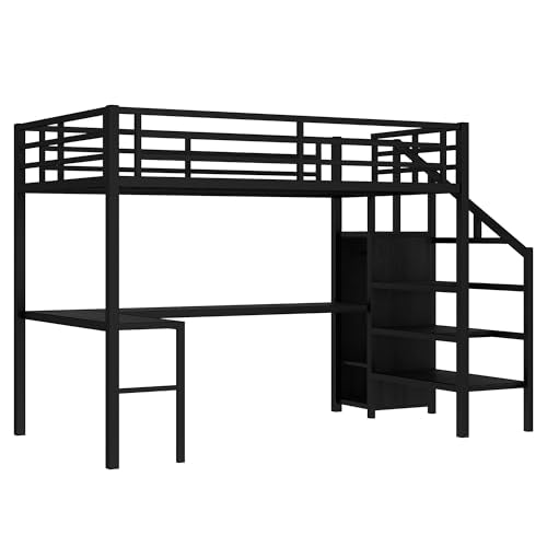Black Full Loft Bed with L-shaped Desk, USB, Wardrobe & Stairs Z8500