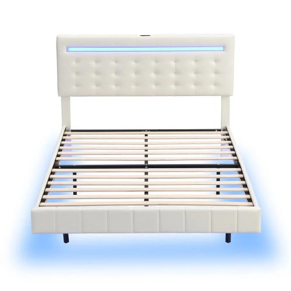 Full Size Black Upholstered Platform Bed Frame with LED Lights G451