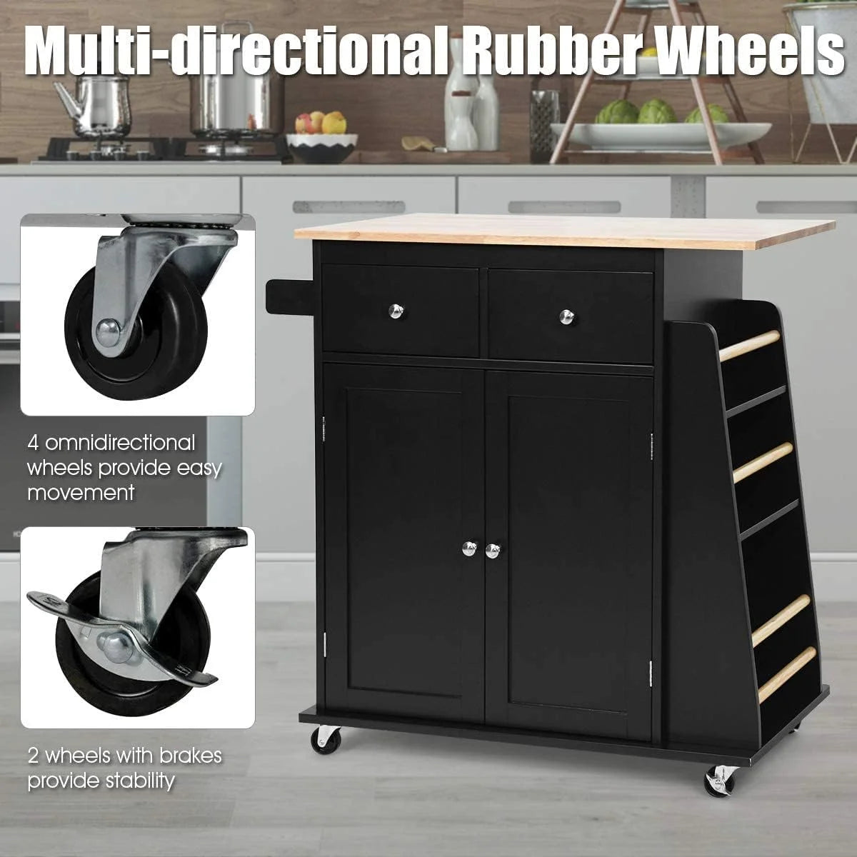 Black Wooden Kitchen Utility Cart with 2 Drawers I9661
