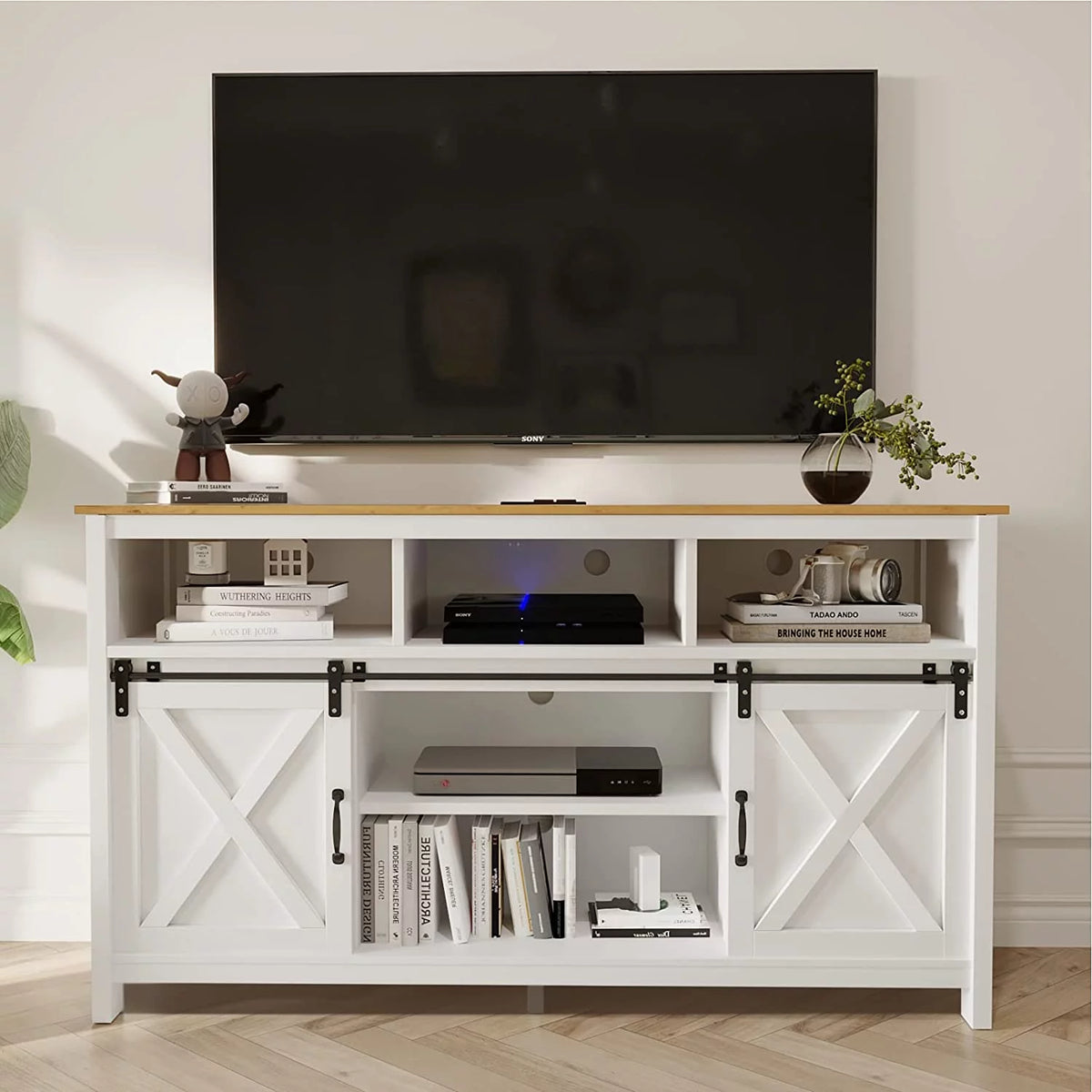 Farmhouse Barn Door TV Cabinet Media Console with Open Shelves White O9157