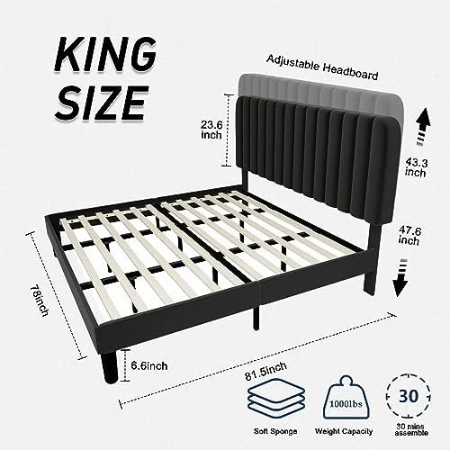Queen Size Platform Bed Frame with Headboard Grey O900404