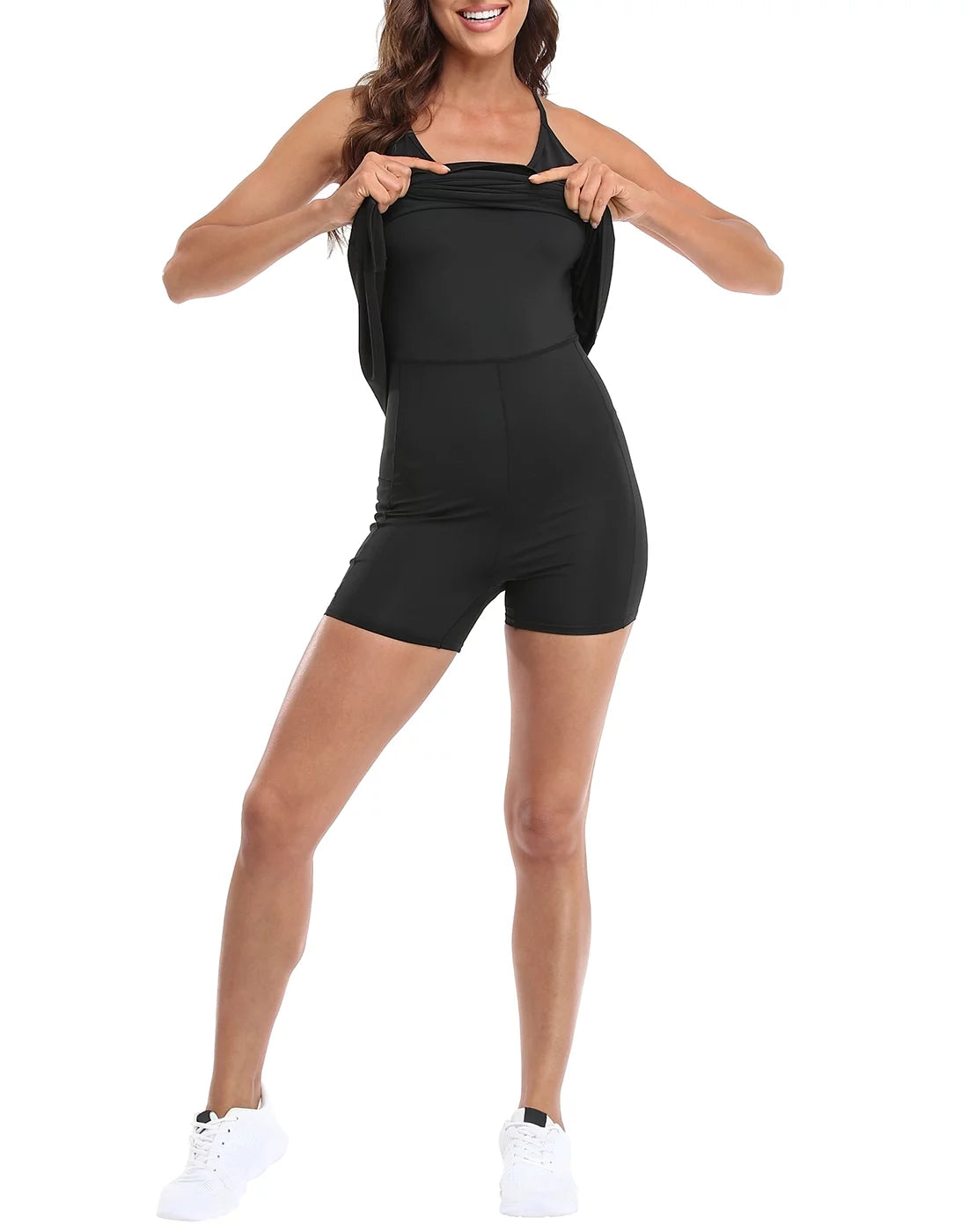 Black Sleeveless Athletic Workout Dress with Built in Shorts H449
