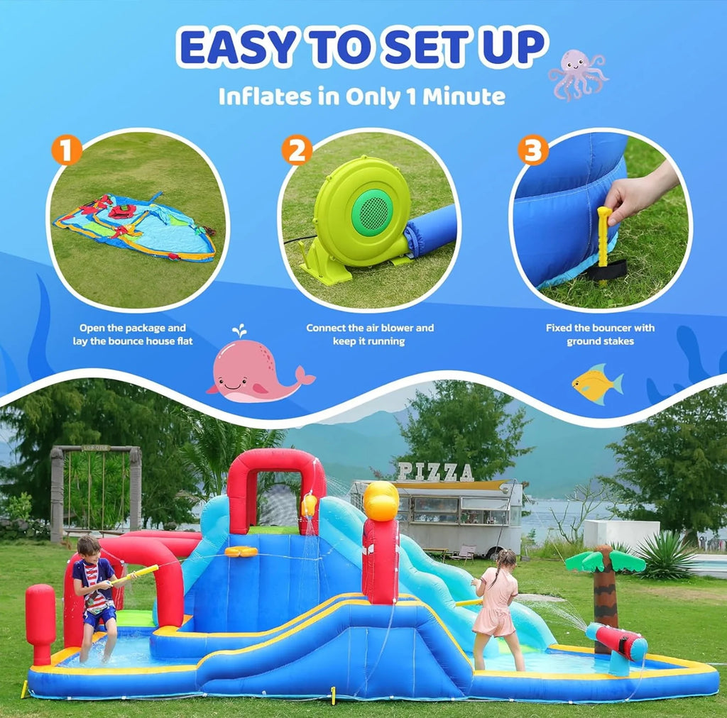 Inflatable Water Slide Bouncy House, 11-in-1 with Splash Pool T354