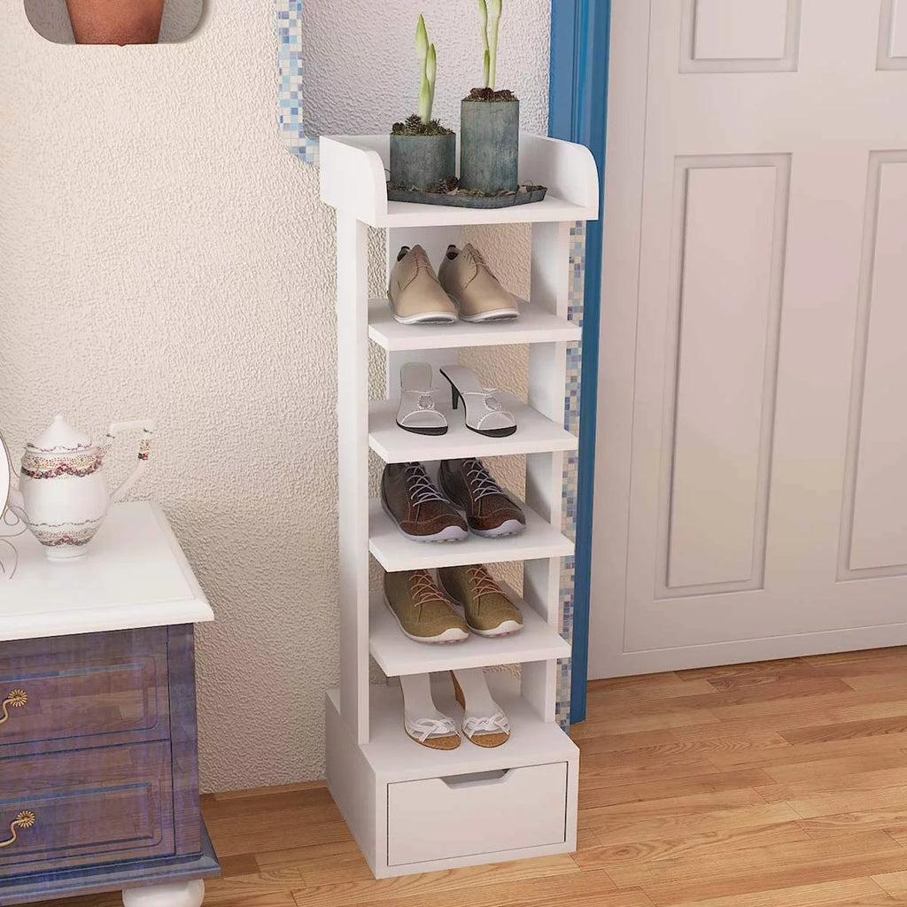 6-Tier White Wooden Shoe Rack with Storage Drawer H400